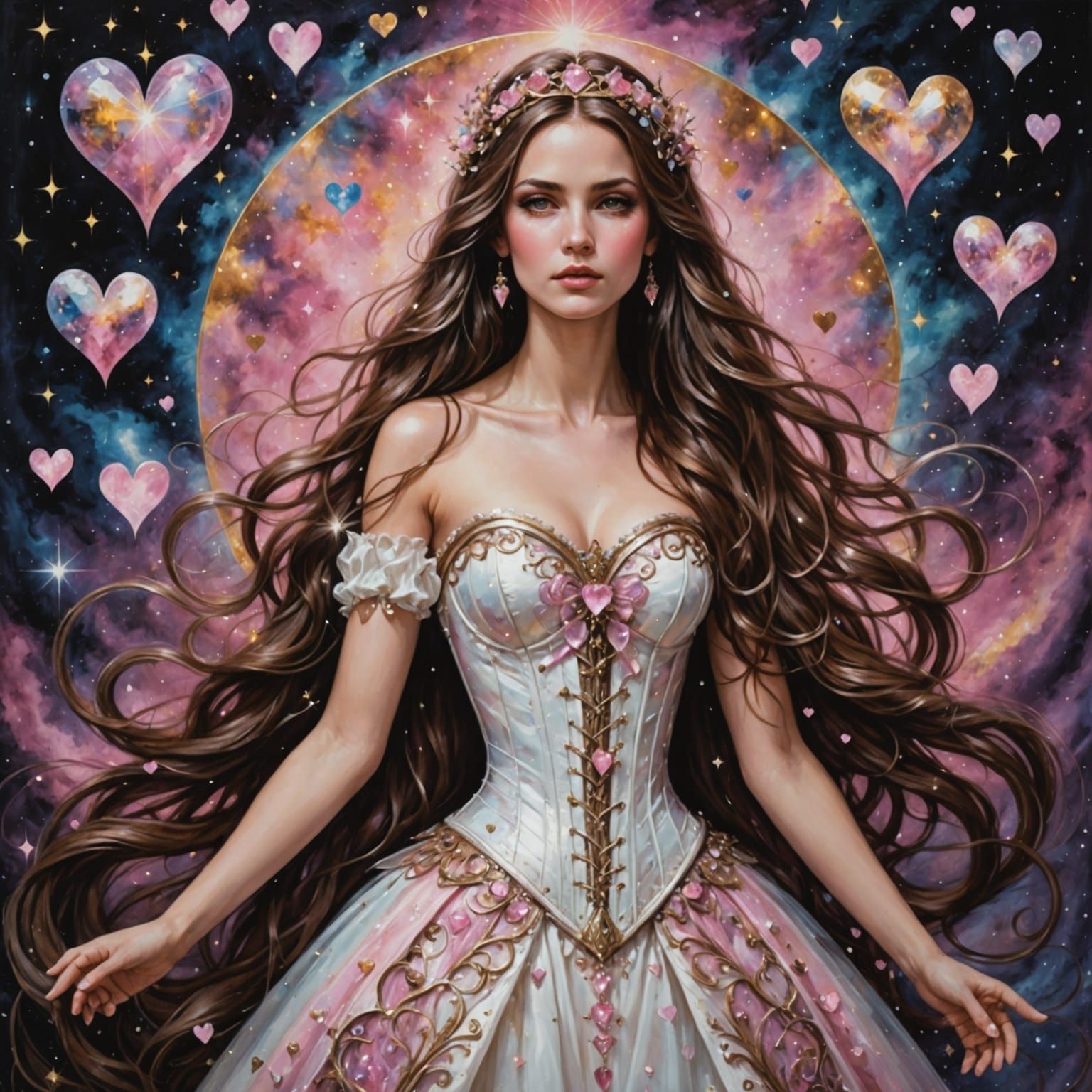 Cosmic Goddess in Corset Gown with Metallic Hearts