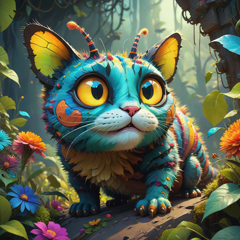 Whimsical Feline-Caterpillar Hybrid in Vibrant Botanical Gar...
