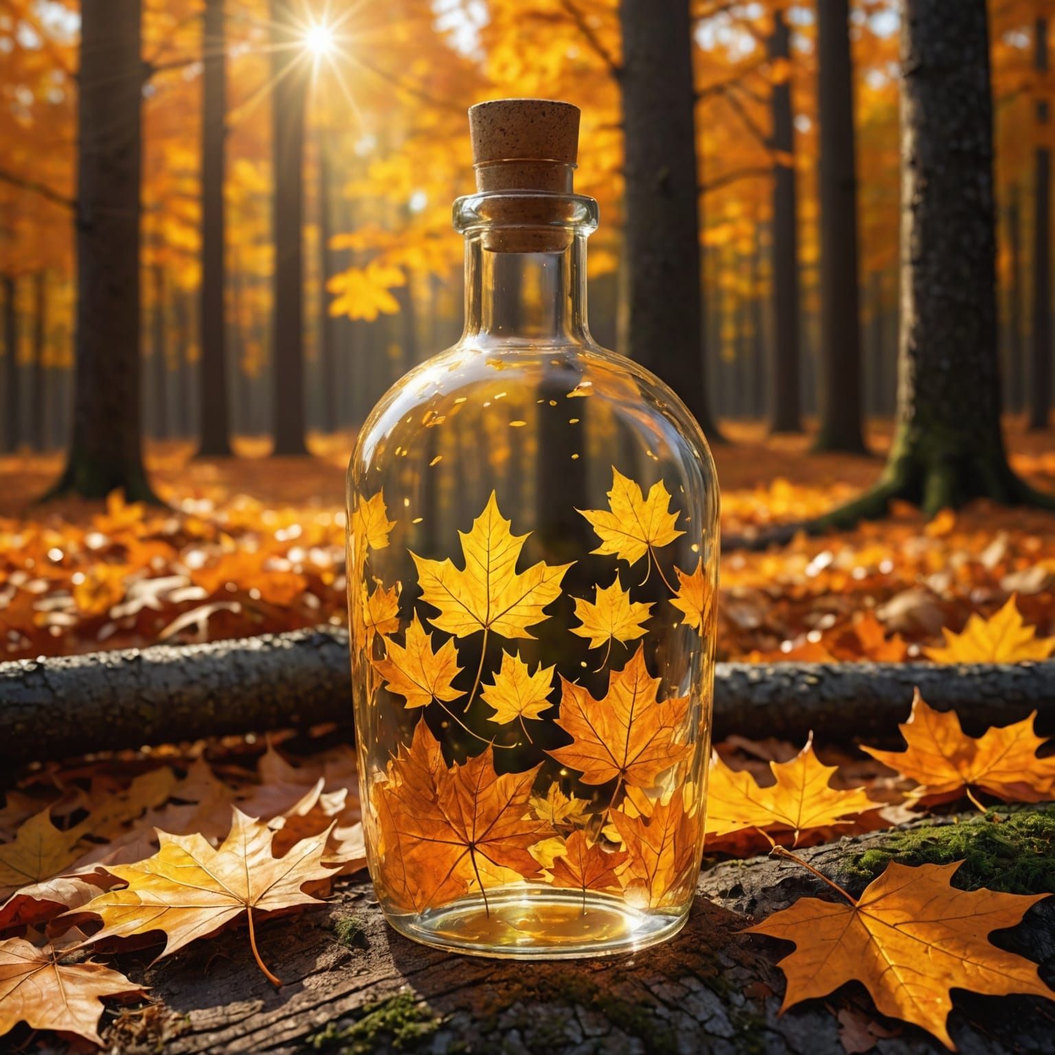 Fantasy Illustration: Golden Maple Leaves in Glass Bottle