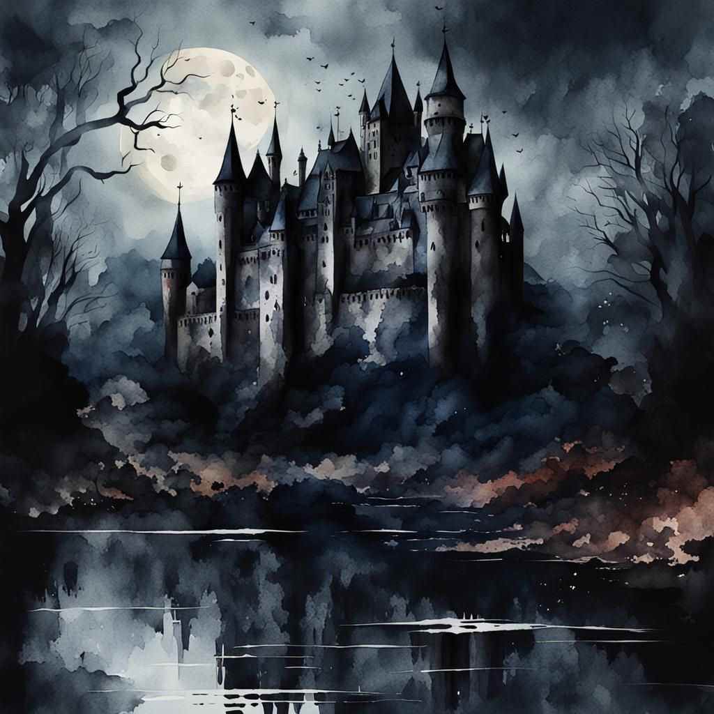 Dark Gothic Castle in Moody Watercolor Style
