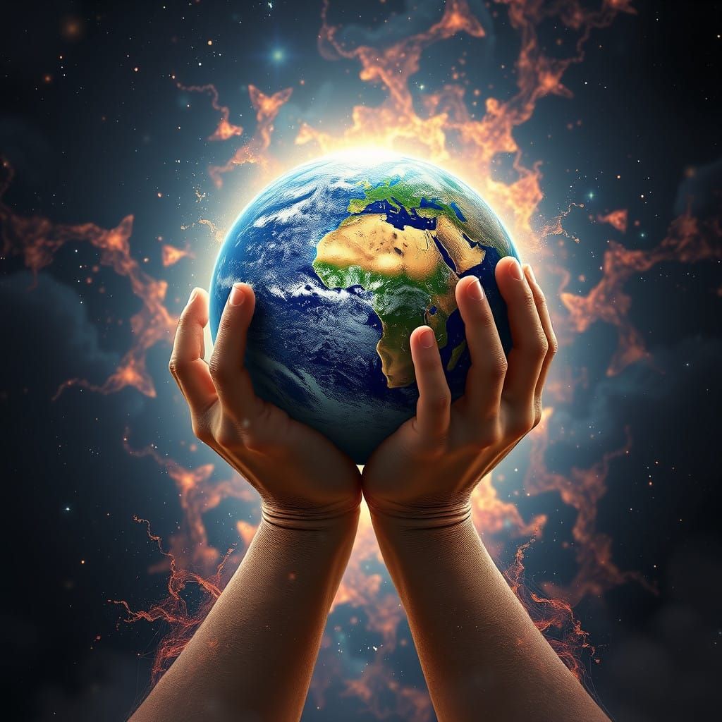 Earth Held by Cosmic Hands in Vibrant, Fantastical Art