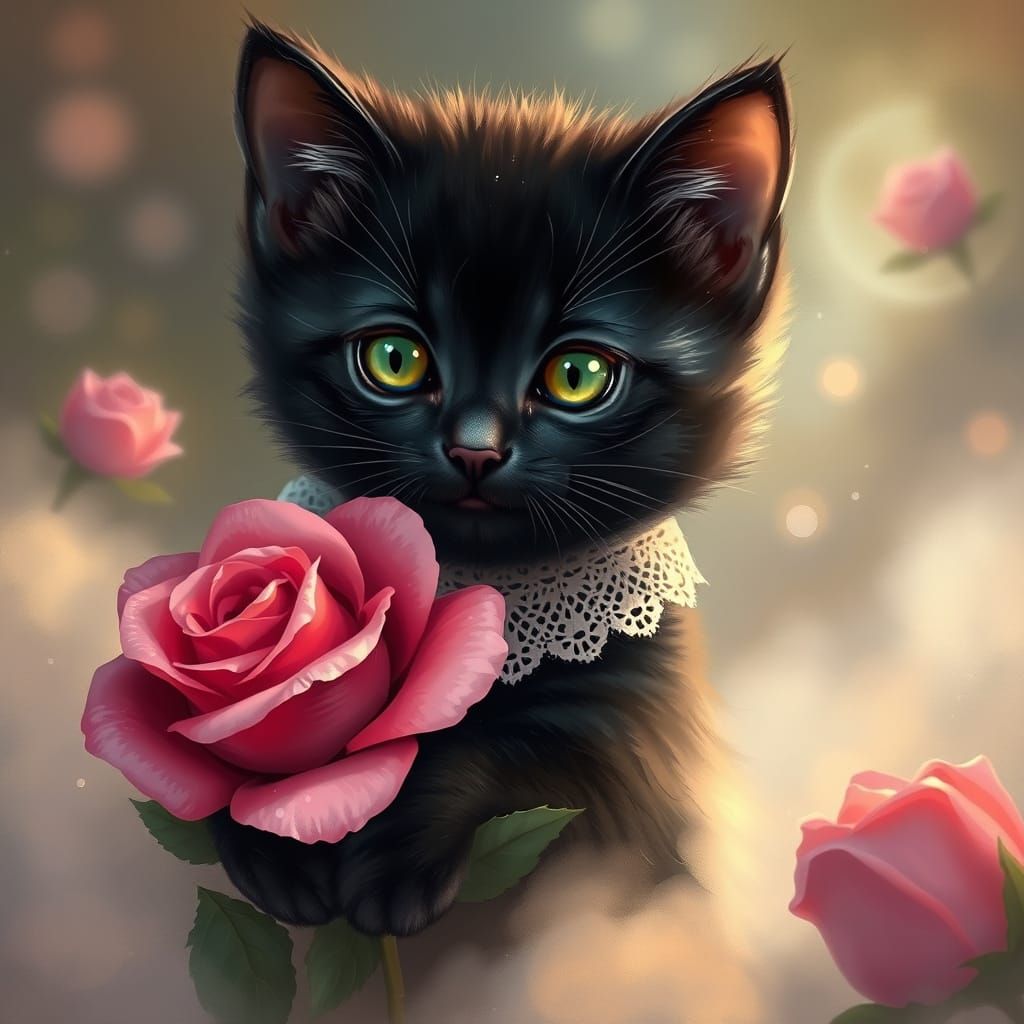 Sparkly Black Kitten with Rose in Fantasy Setting