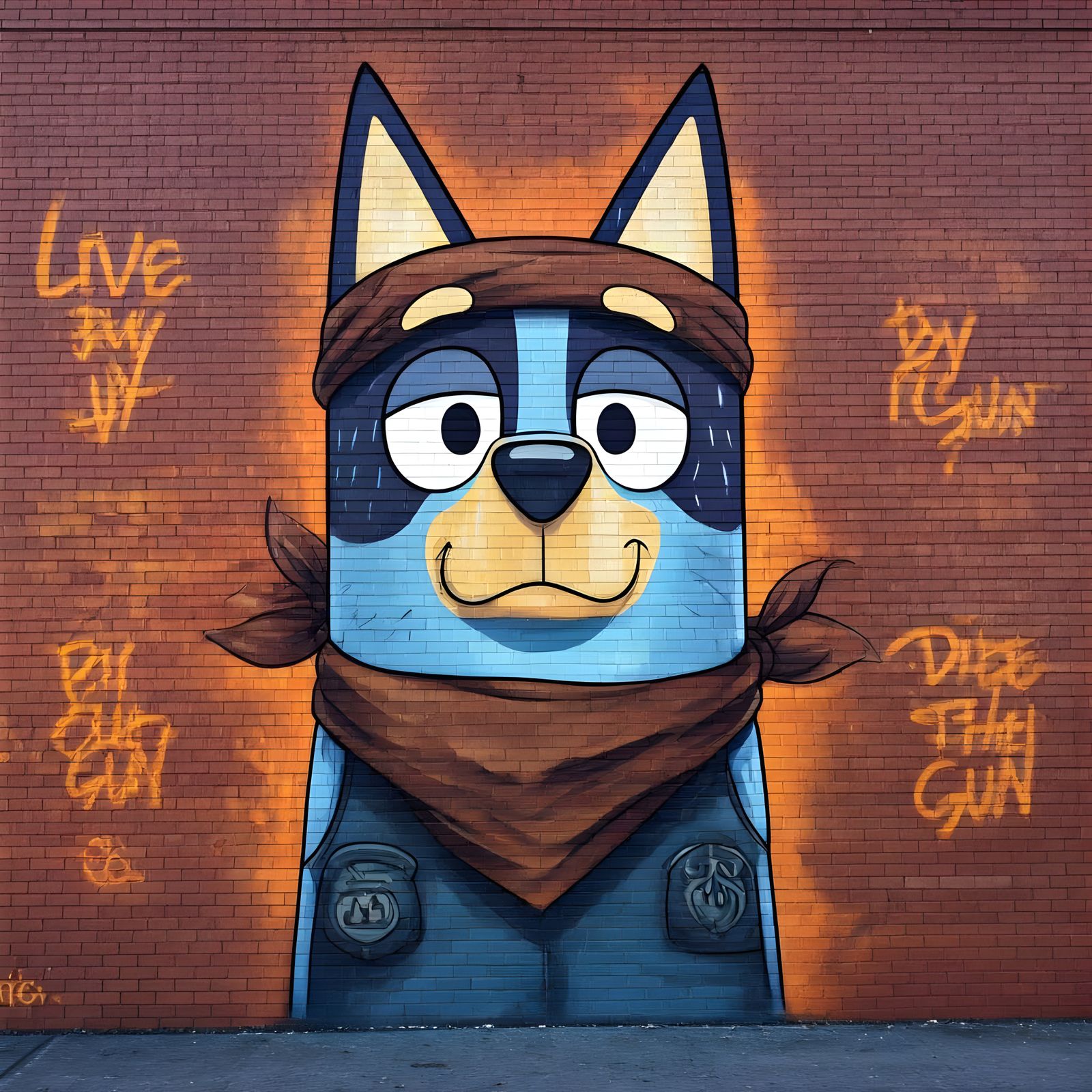 Vibrant Bluey Heeler Mural in Street Art Style