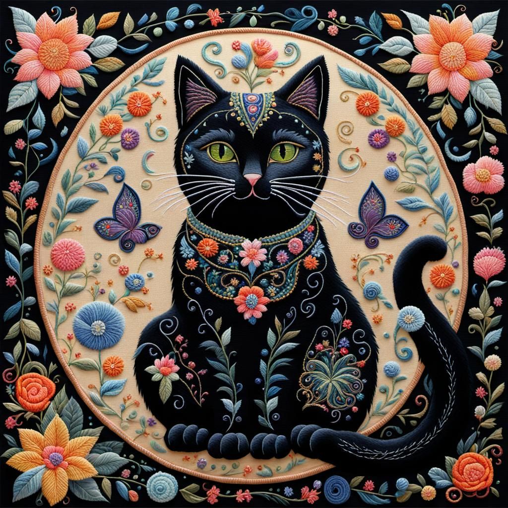 Enchanting Embroidered Cat in Fairy-Tale Setting