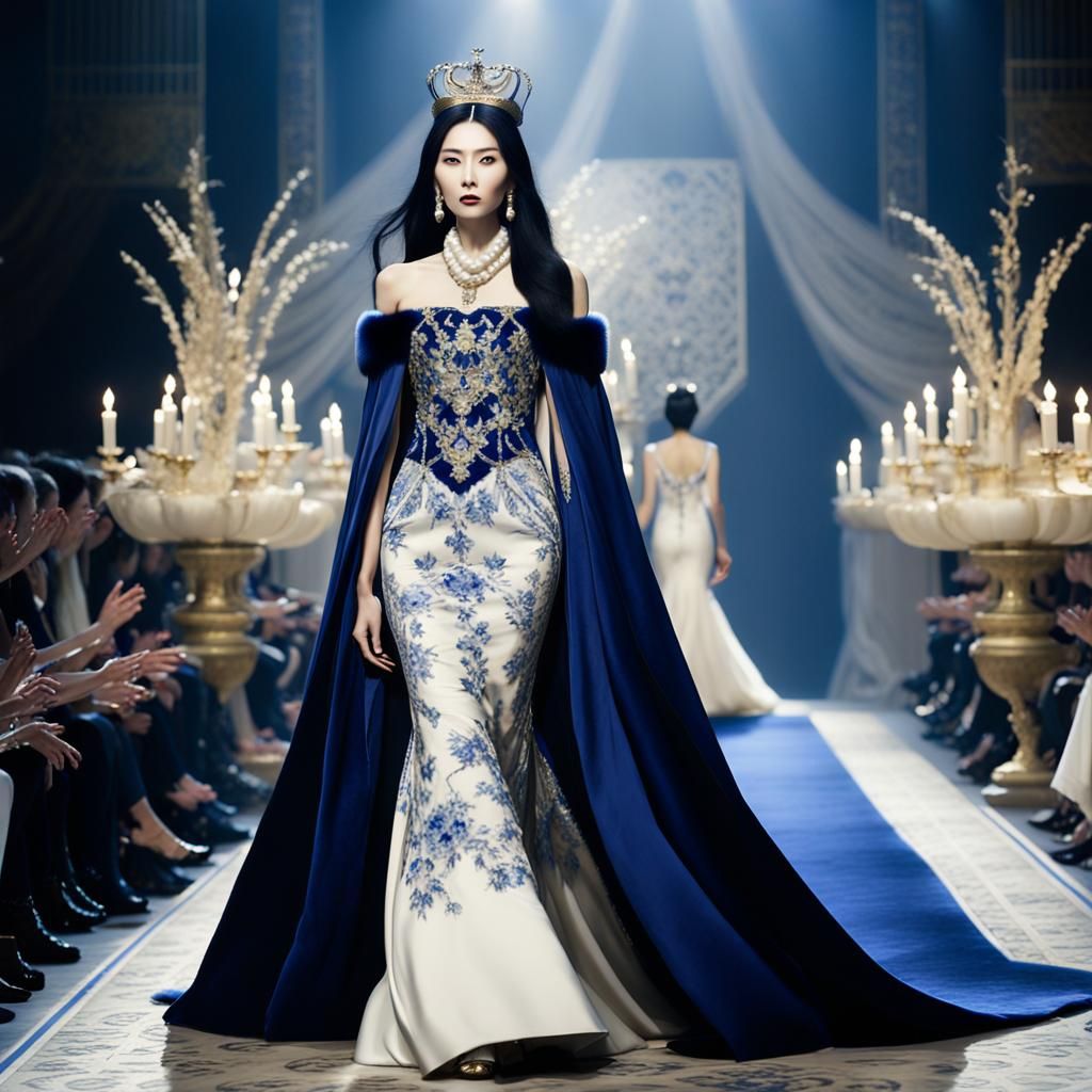 Ethereal East Asian Model Struts Down the Catwalk in Ivory a...