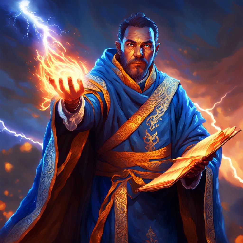 Human Mage with Burning Scroll: Fantasy Art