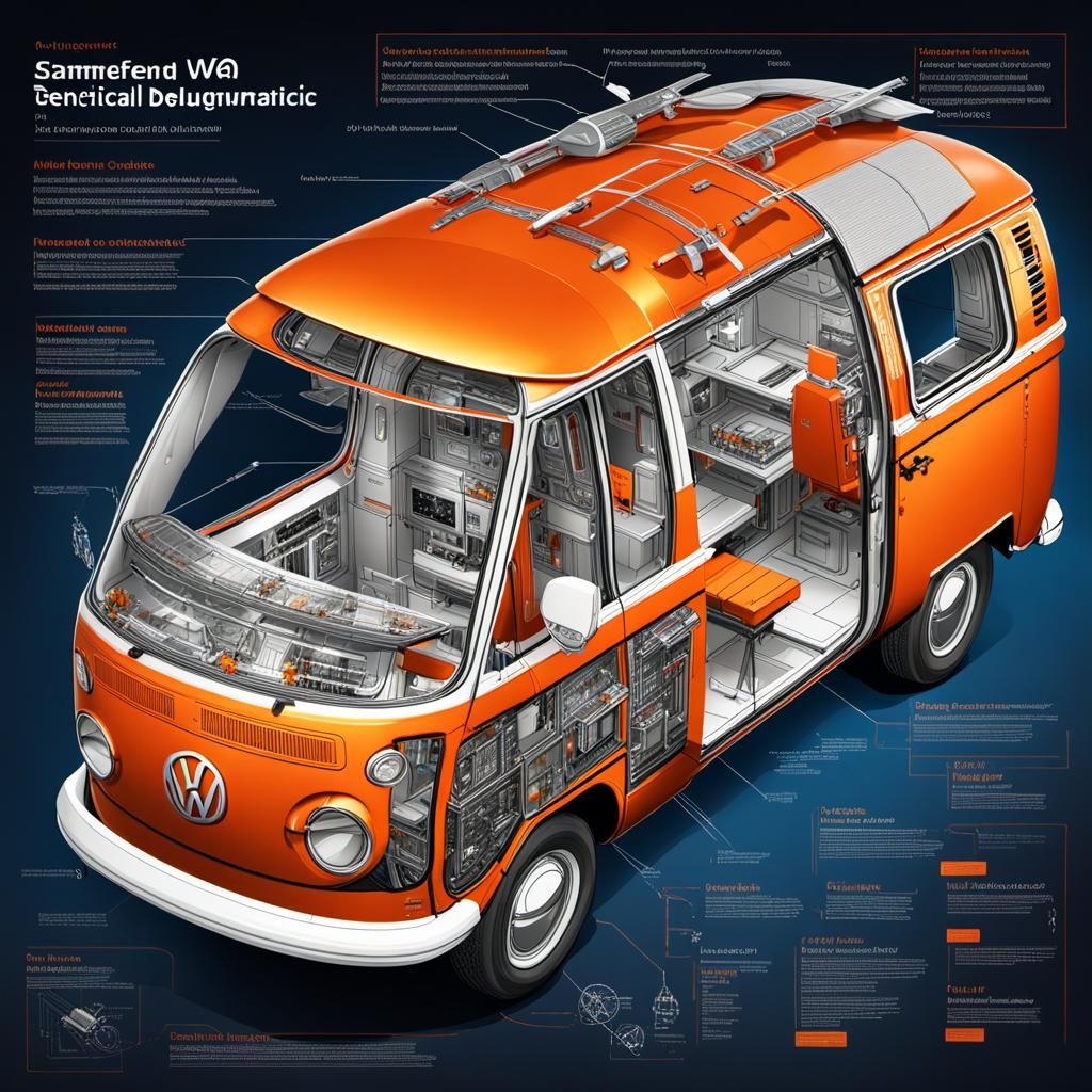 VW Van Cutaway Technical Illustration in Orange