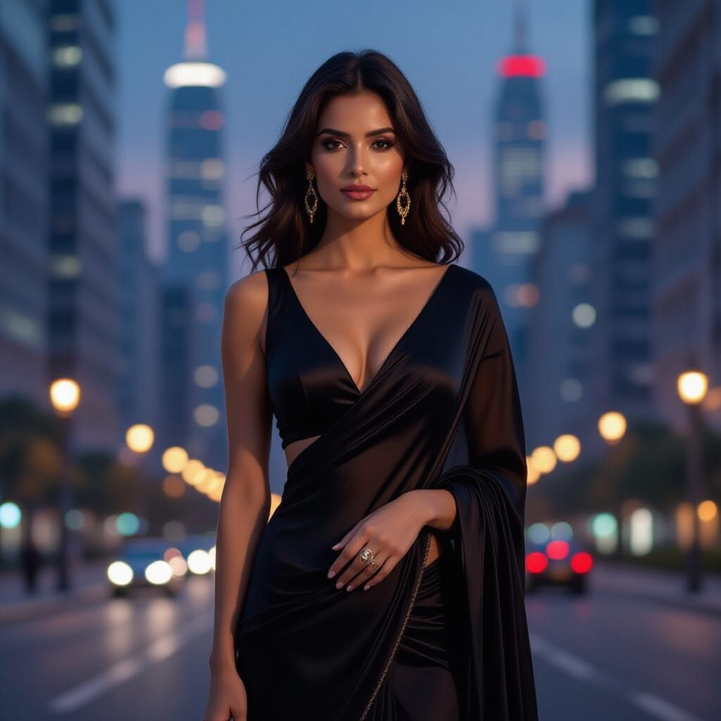 Woman in Saree with Cityscape in Photorealistic Style