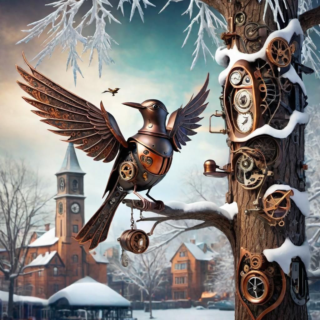 Steampunk Bird in Winter Wonderland