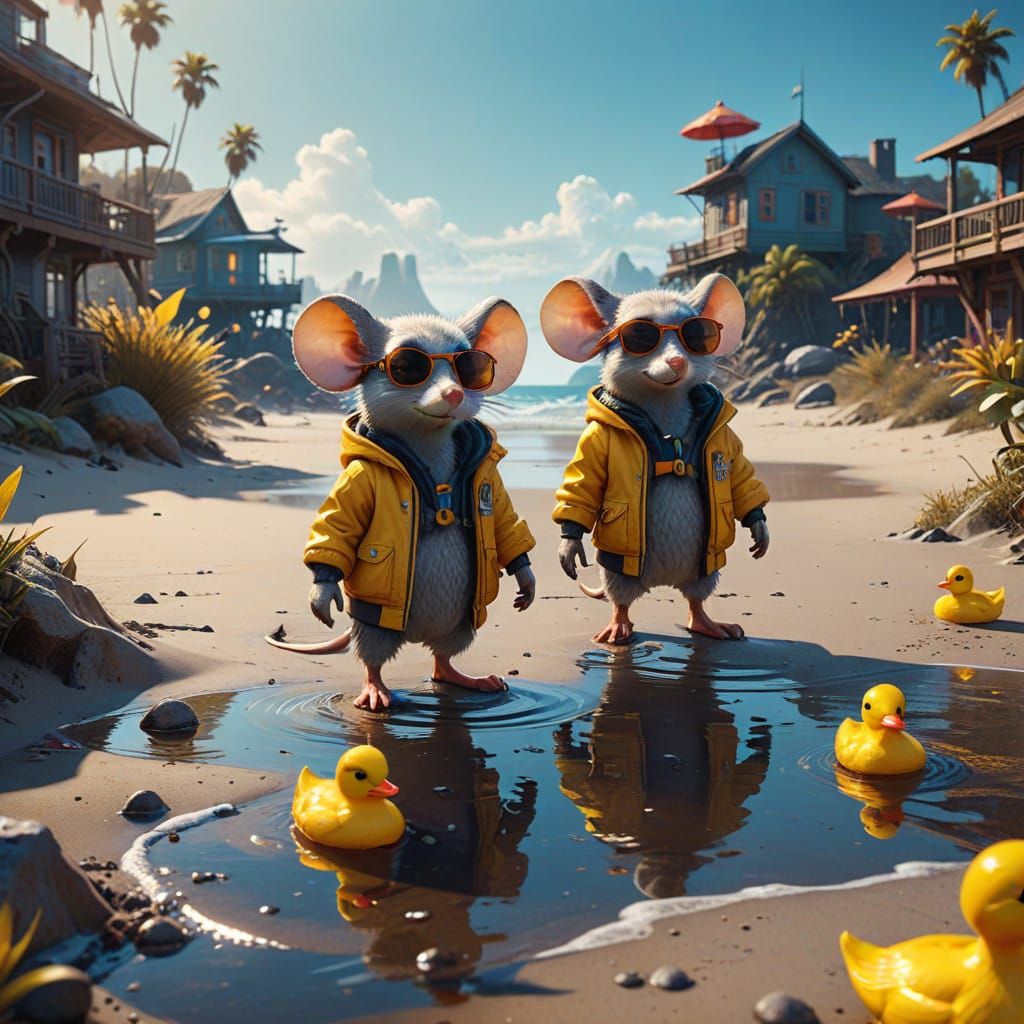 Whimsical Coastal Scene with Mice and Yellow Duck Toys