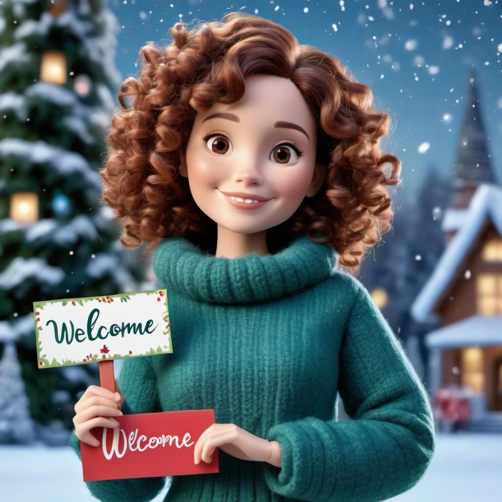 Disney Pixar style 3D doll-like woman with brown curly hair, holding a Welcome sign in her hands, standing by a Christma...