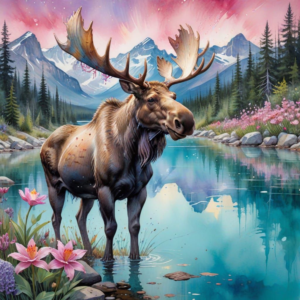 Moose in Rocky Mountains: Fine-tuned Watercolor Art