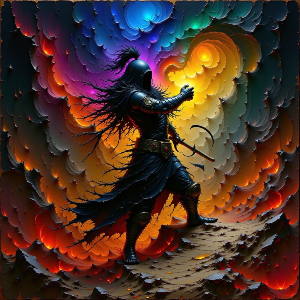 Warrior Battles Infernal Vortex in Renaissance Style