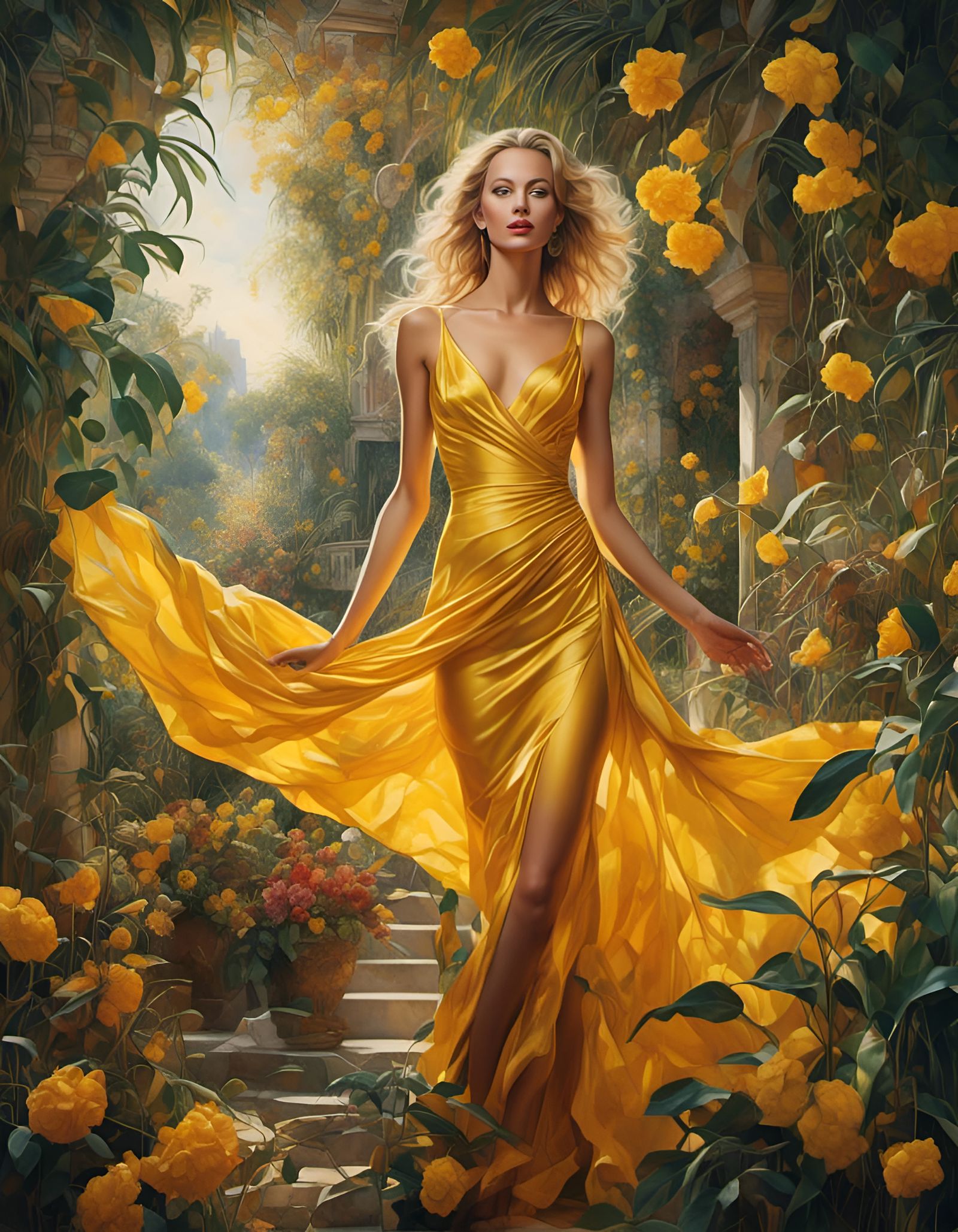 Stunning Woman in Lush Tropical Garden, Hyperrealism