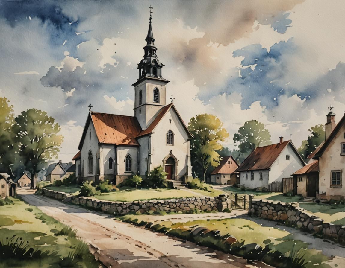 Village Church Painting in Watercolour Style