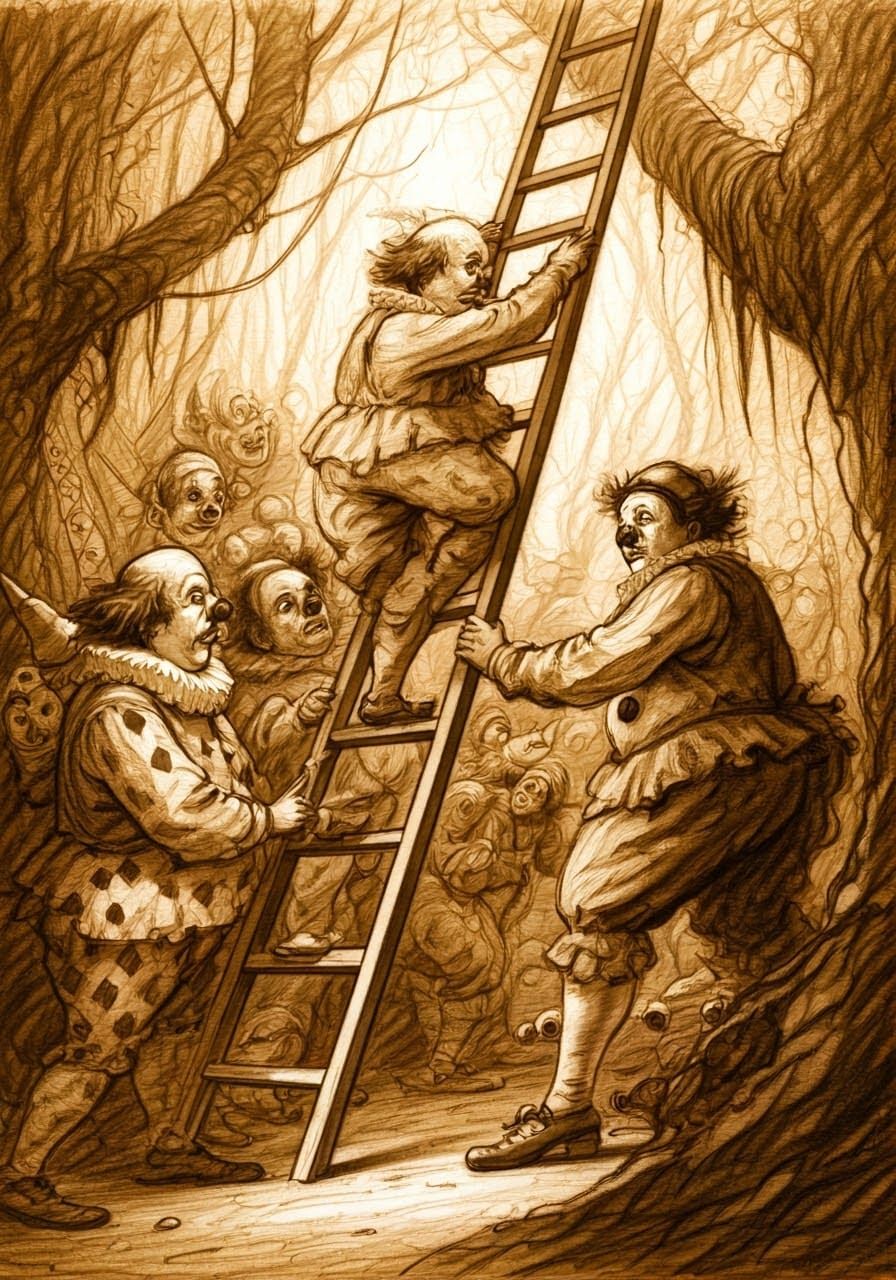 Expressive Sepia-Toned Clowns in a Whimsical Forest Scene