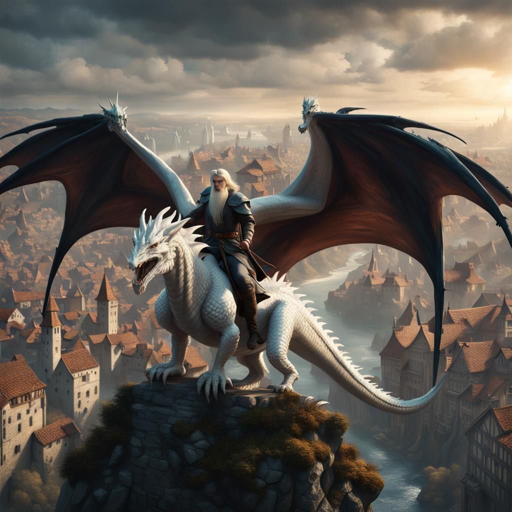 Wizard on Dragon Over Medieval Town: Fantasy Art