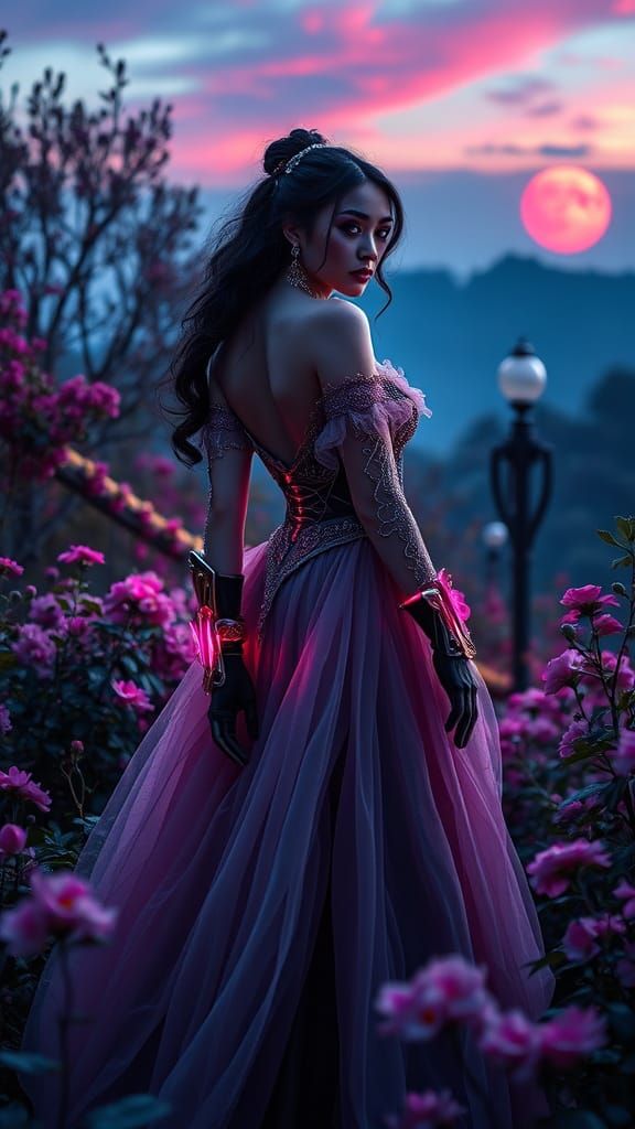 Gothic Fashionista in Neon Dreamscape