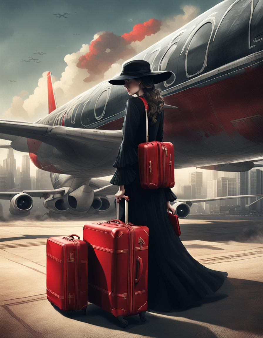 Woman with Suitcases: Detailed Matte Painting in Deep Color
