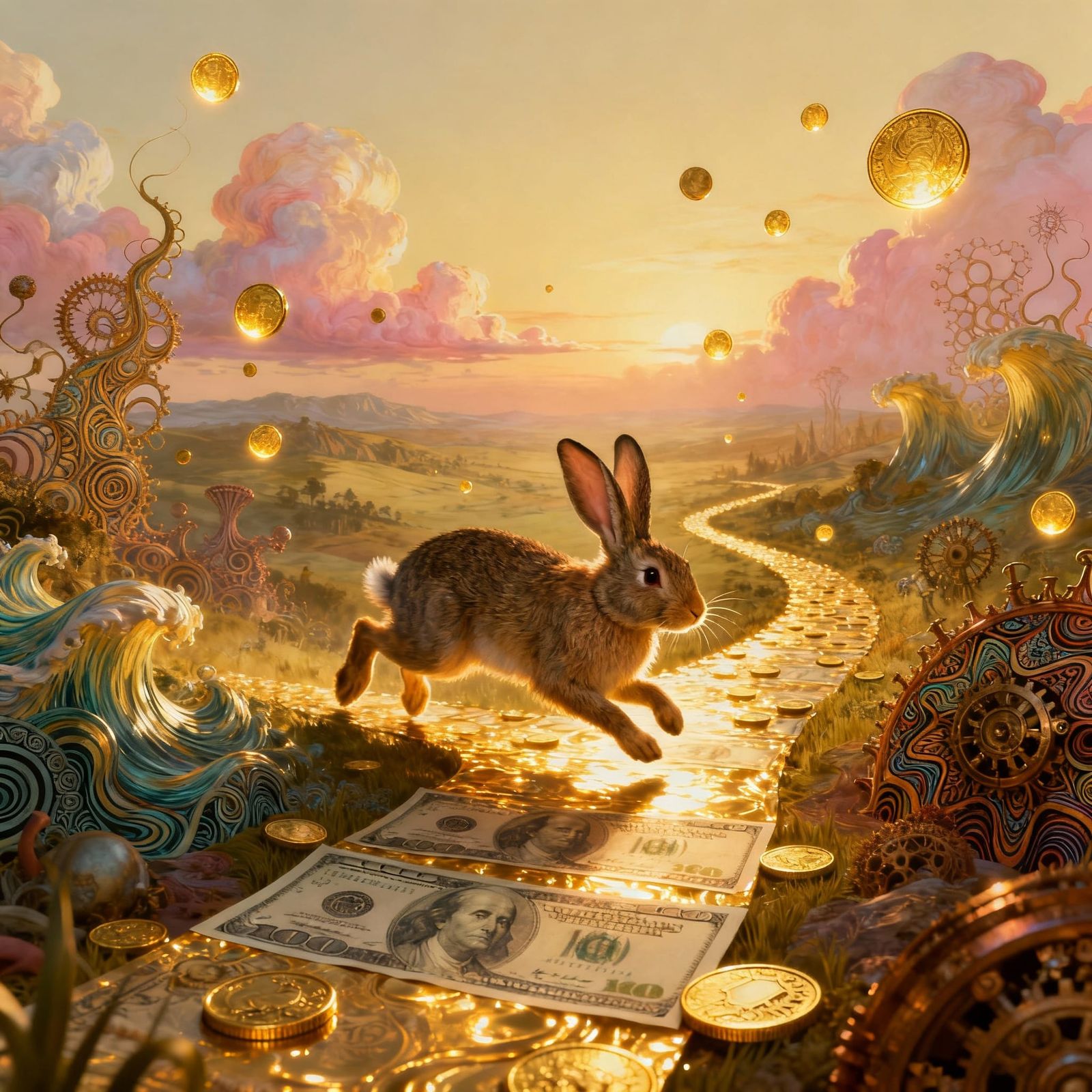 Surreal Rabbit with Luminous Coins in Steampunk Landscape