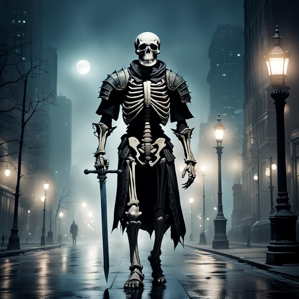 Giant Armored Skeleton Walks Chicago Streets at Night