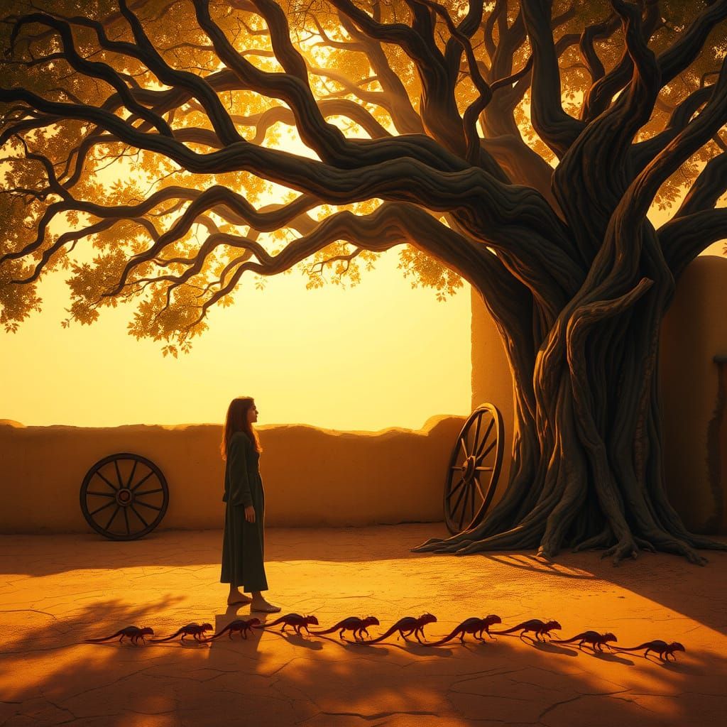 Contemplative Figure Basks in Golden Light beneath Dragon Fi...