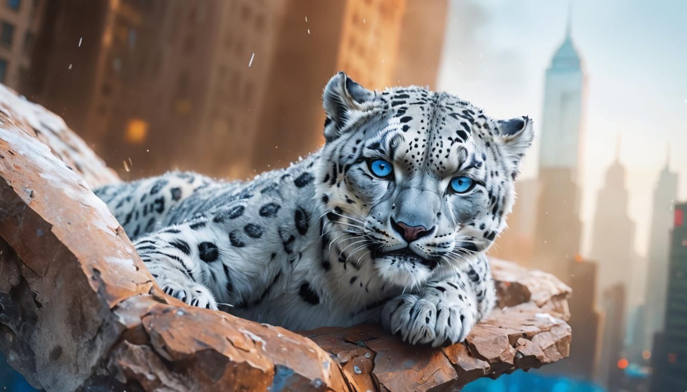 Angry Snow Leopard Cyborg Roaring in Sci-Fi City