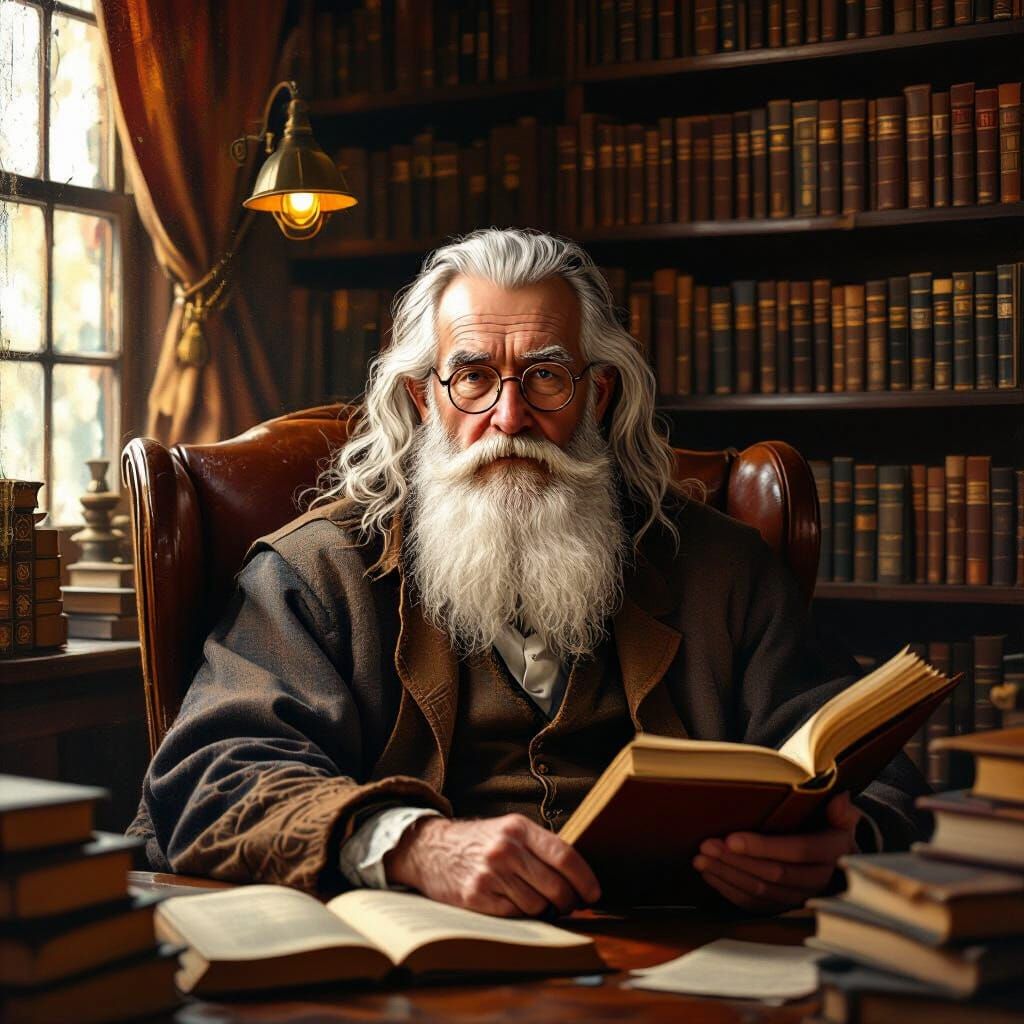 Elderly Man in Library, Inspired by Classic Painting