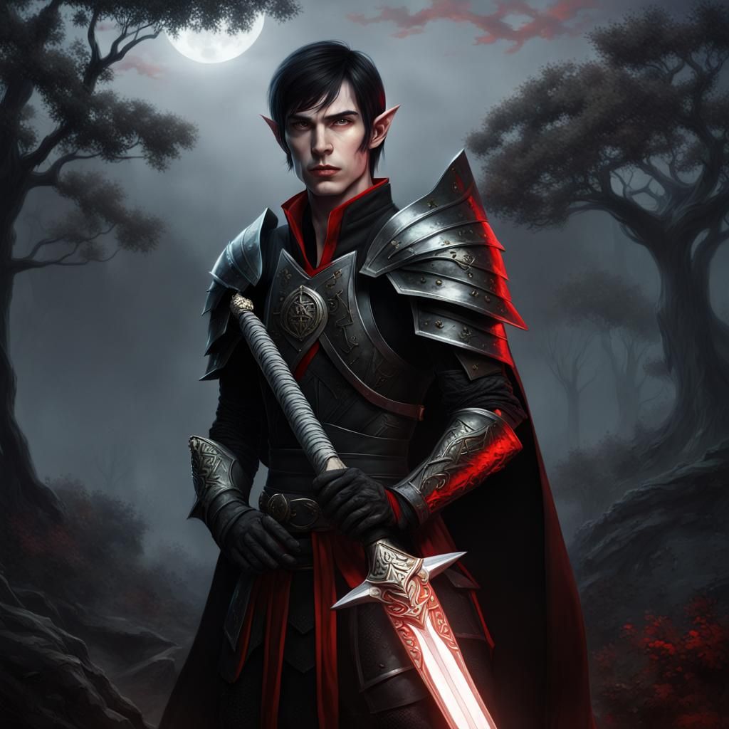 Fantasy Elf Warrior in Misty Forest, Detailed Matte Painting