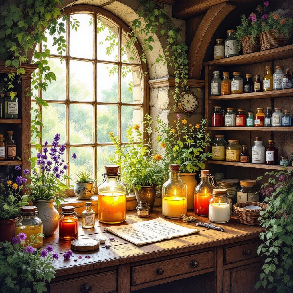 Whimsical Apothecary Interior in Watercolour Style