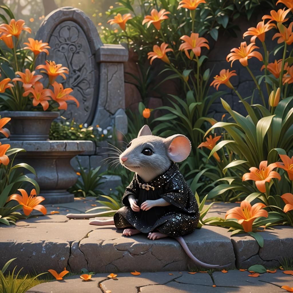 Mouse in Garden of Lilies: 3D Digital Art