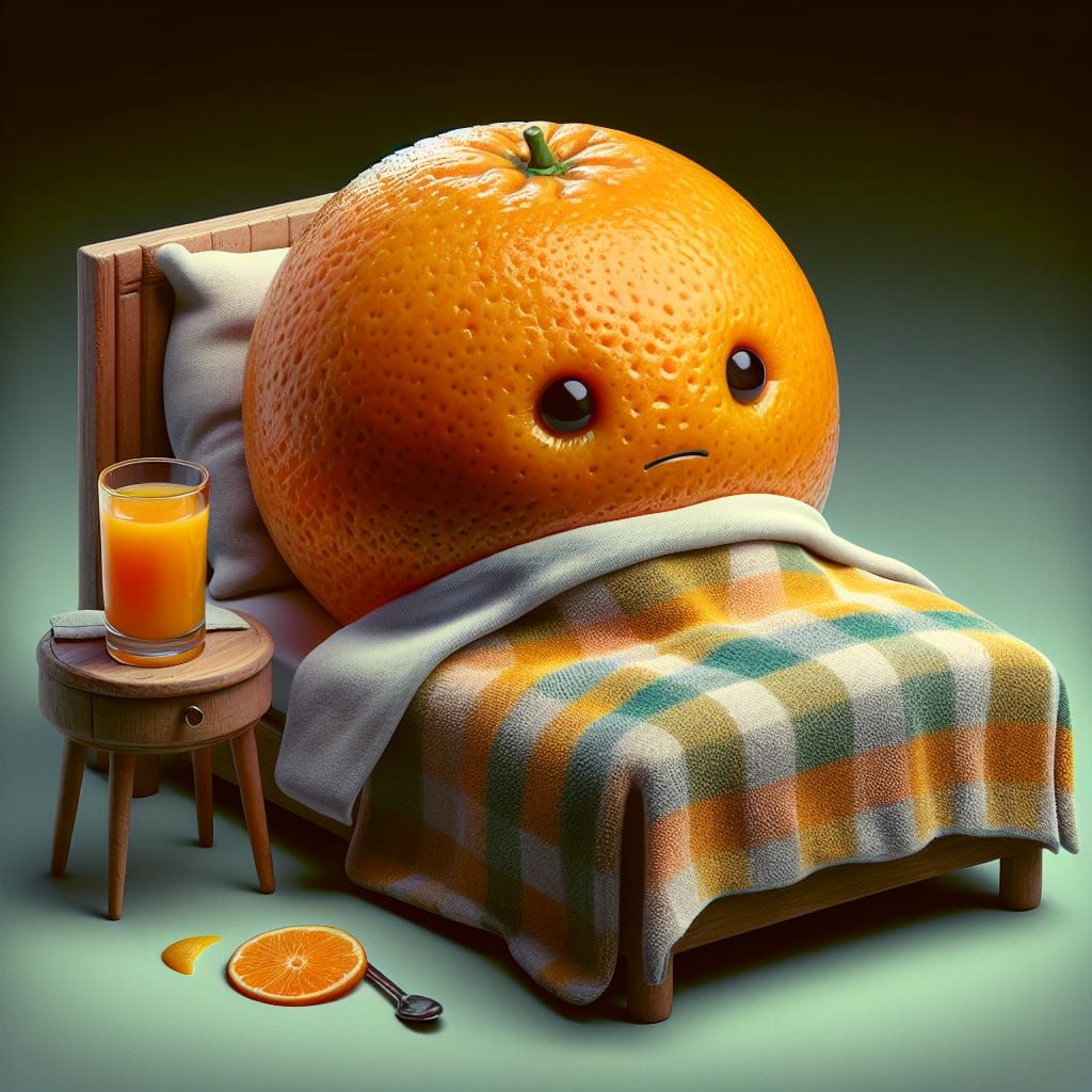 Cozy Cartoon-Inspired Orange in a Soft Bed, with a Glass of...