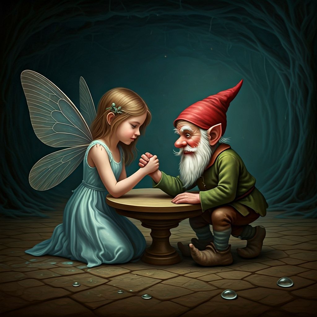 Fairies and Gnomes Arm Wrestling: Surreal Oil Painting