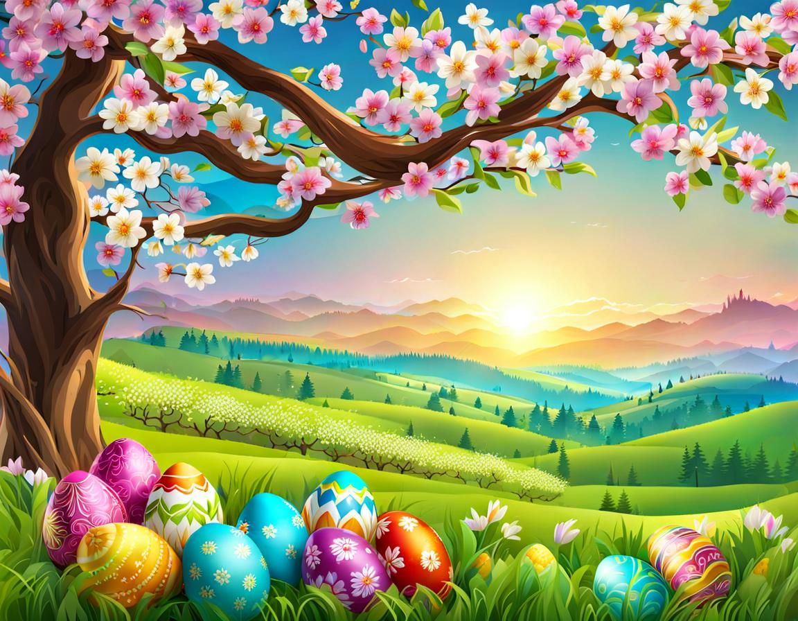 Spring Landscape with Easter Eggs