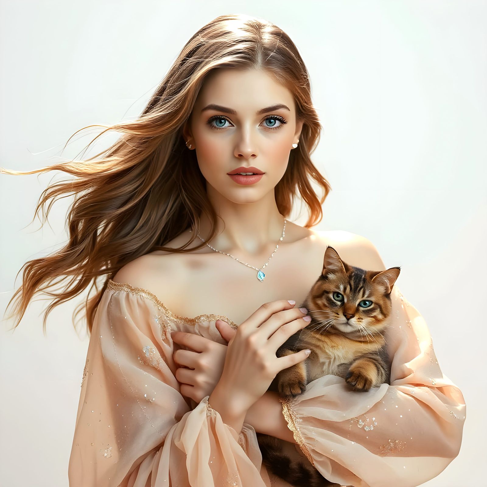 Woman with Diamonds and Cat in Hyperrealistic Style