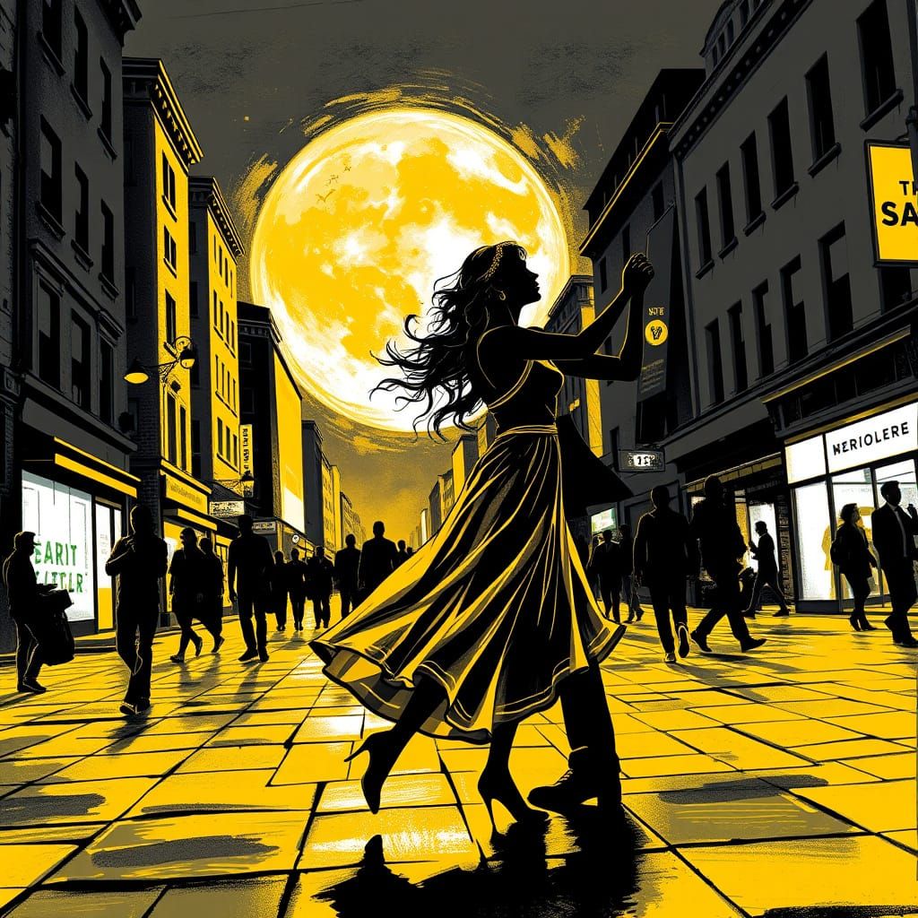 Couple Dancing Under Moonlight on Busy Street