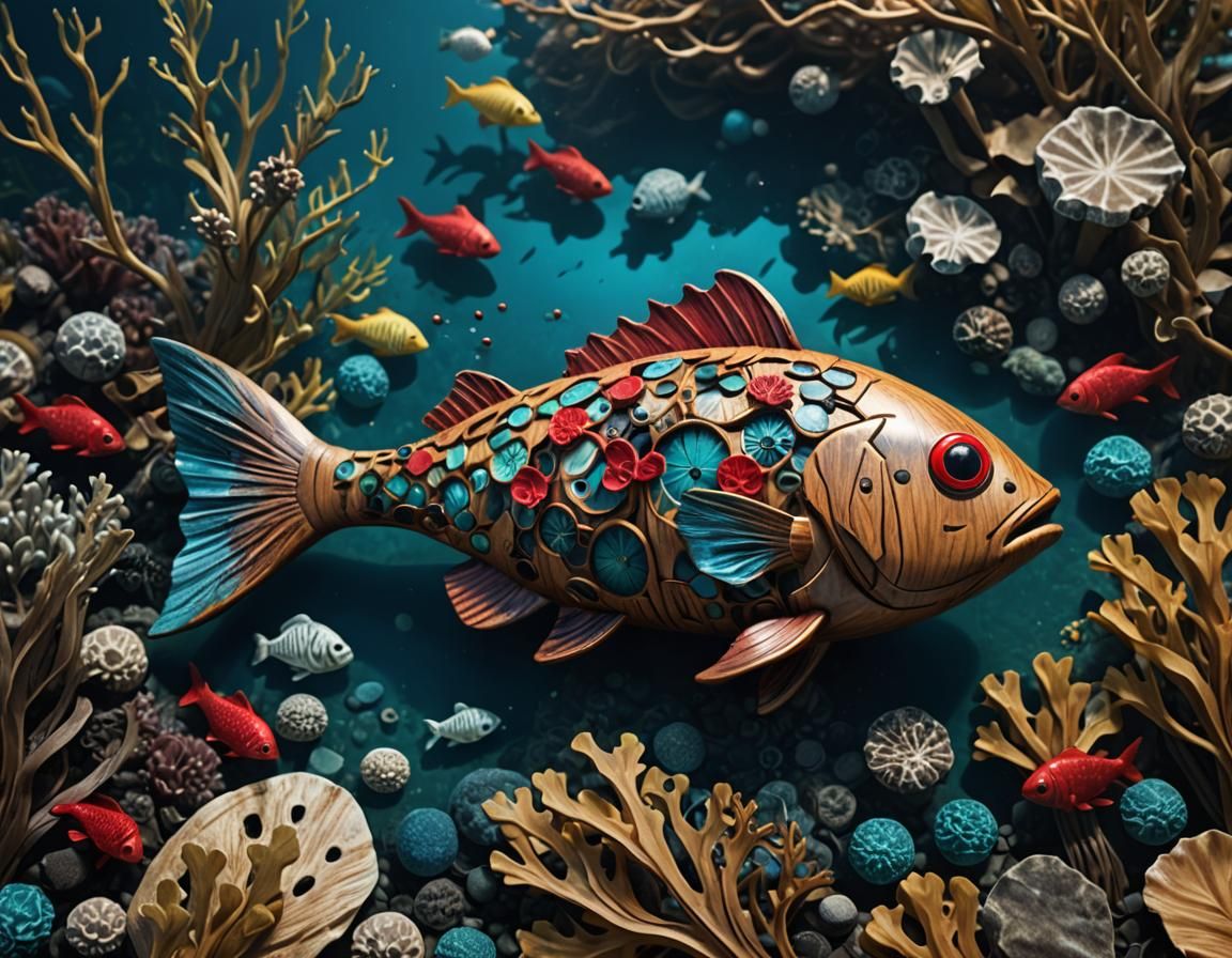 Underwater Wooden Fish Toy in Hyper-Realistic Style