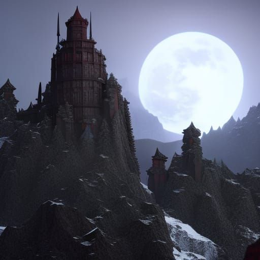 Brick Castle Under Red Moon: Dark Fantasy Art