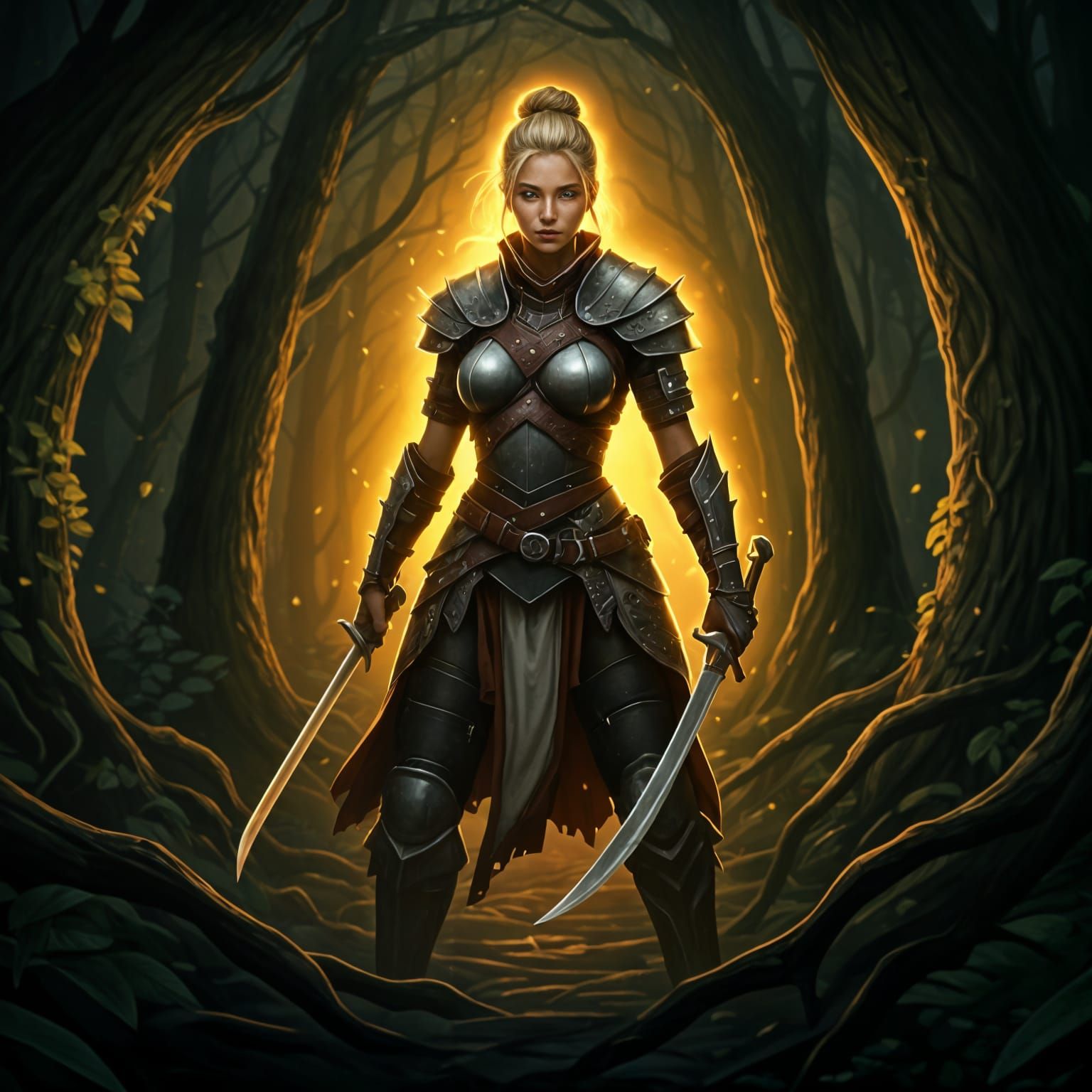 Ethereal Female Warrior in Dark Forest Illuminated by Golden...