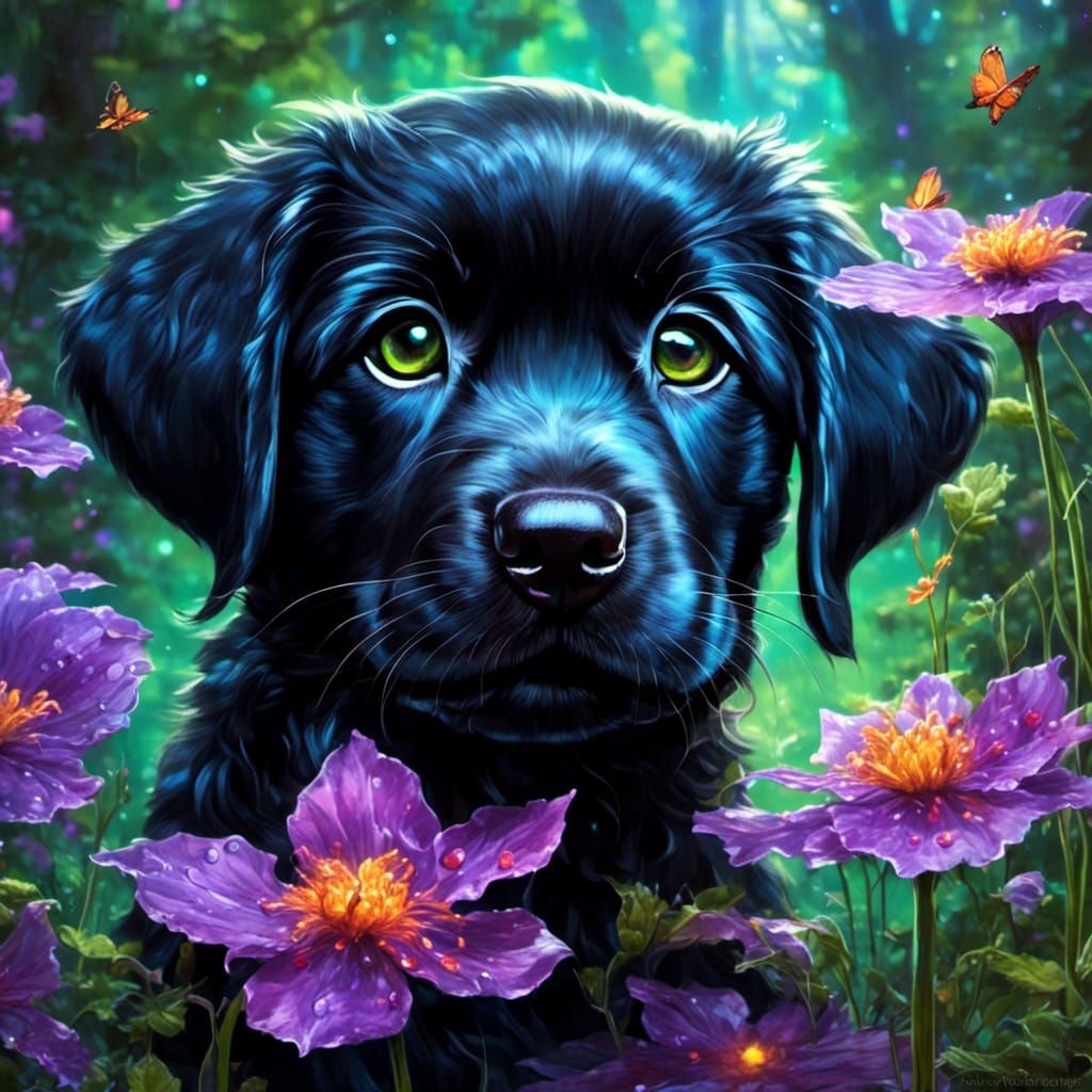 Adorable Black Lab Puppy in Magical Forest: Hyperrealistic A...