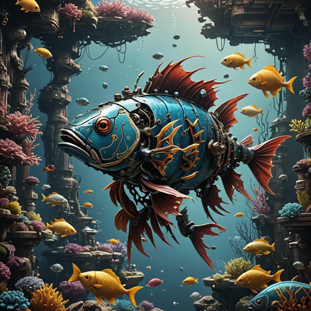 Robotic Fish in Detailed Matte Painting Style