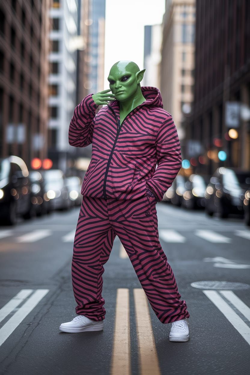 Confident Alien Streetwear Model in Urban Landscape