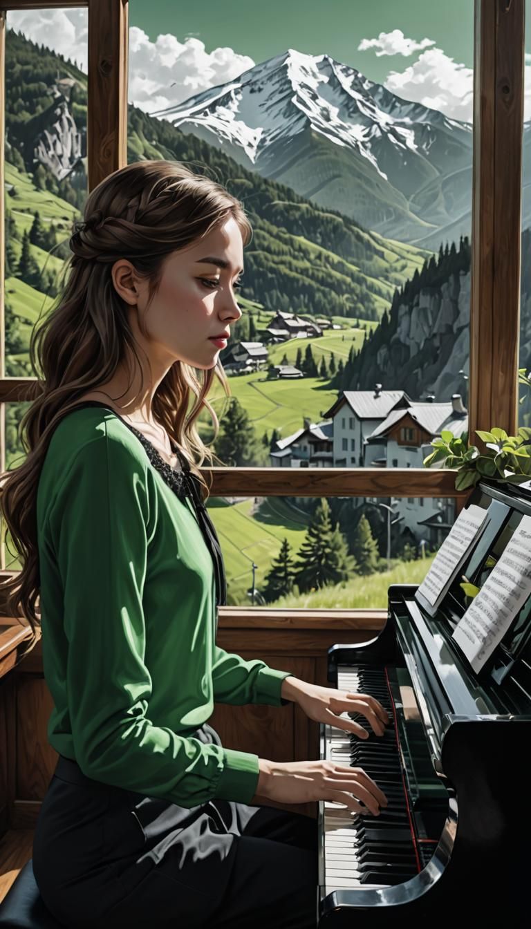 Girl at Piano with Mountain View