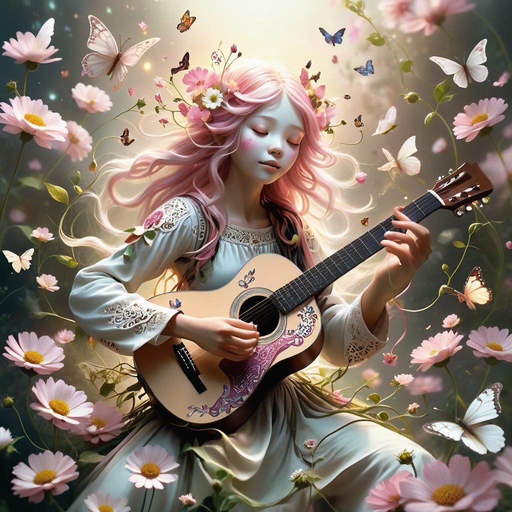 Humanoid Cosmos Flower Spirit Plays Guitar
