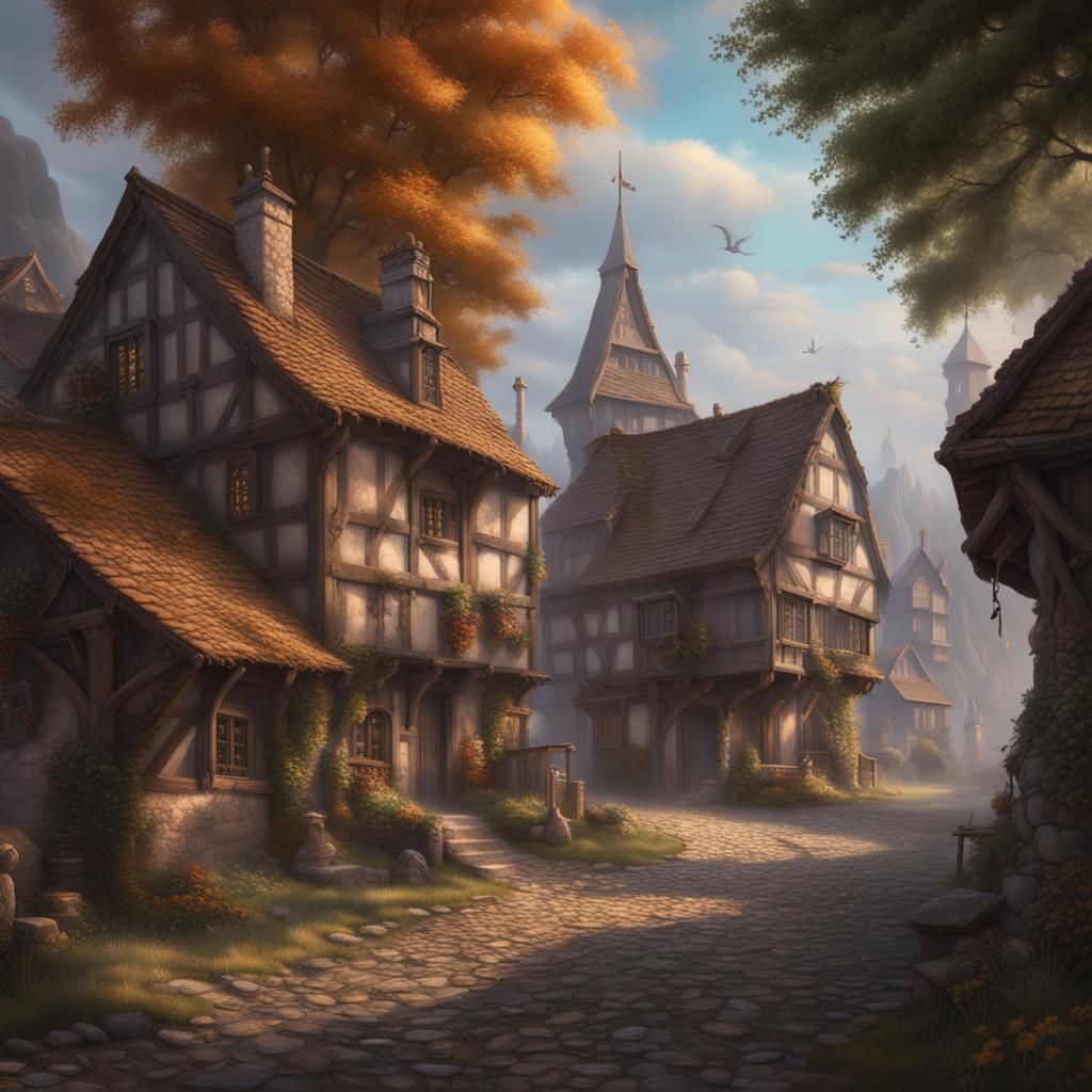Detailed Medieval Village Fantasy Concept Art