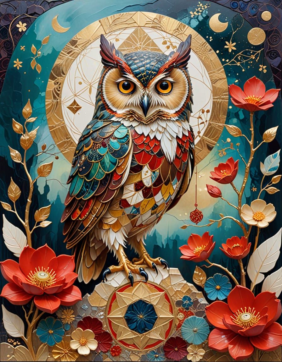 Owl and Duckling in Surreal Mixed Media Landscape