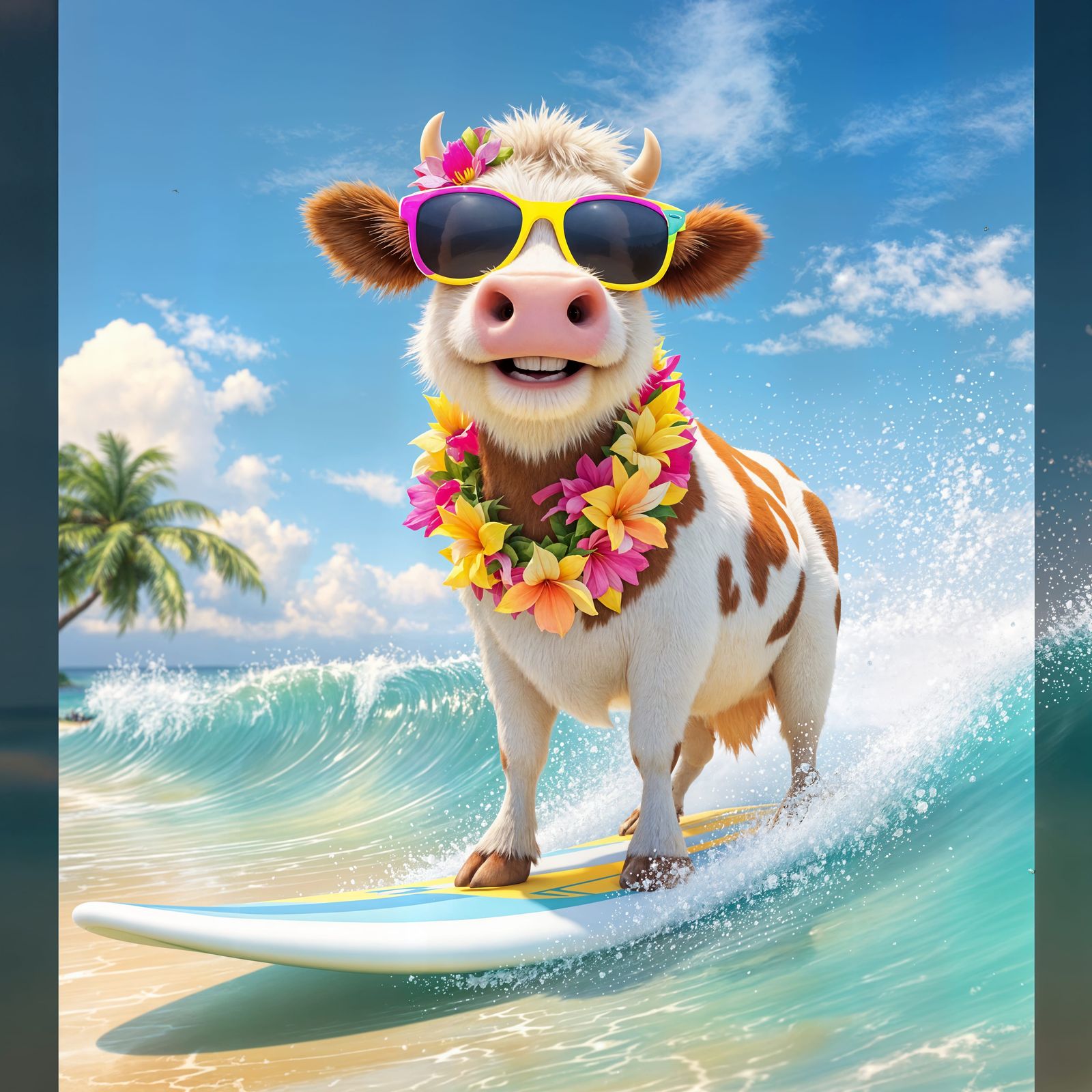 Surfing Cow in Vibrant CGI Cartoon Style
