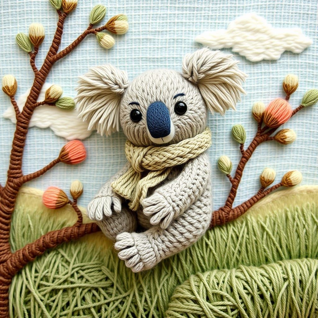 Cozy Yarn-Knitted Koala Bear in Whimsical Fairy-Tale Landsca...