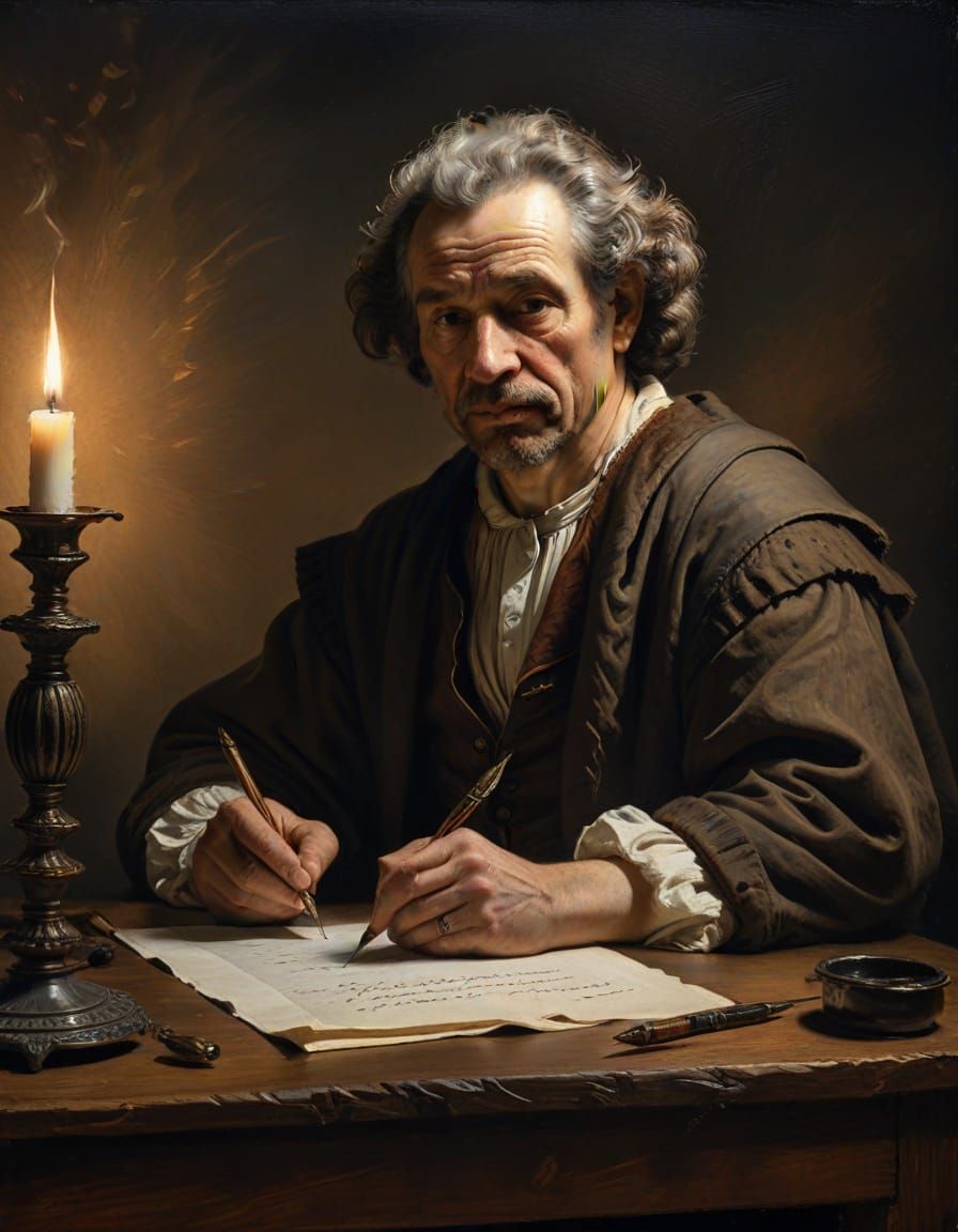 Man Writing with Quill Pen, Oil Painting in Velázquez Style