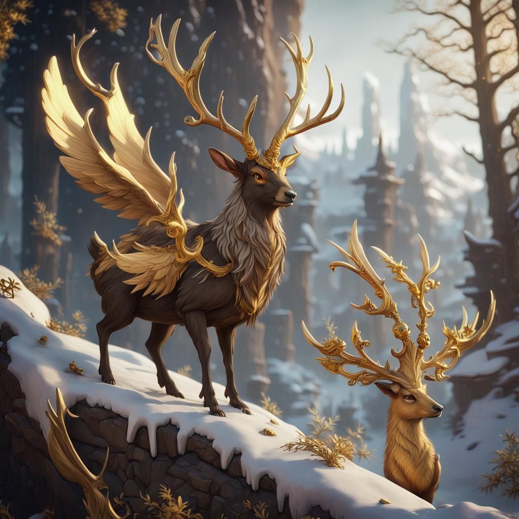 Golden Wolpertinger with Wings and Antlers